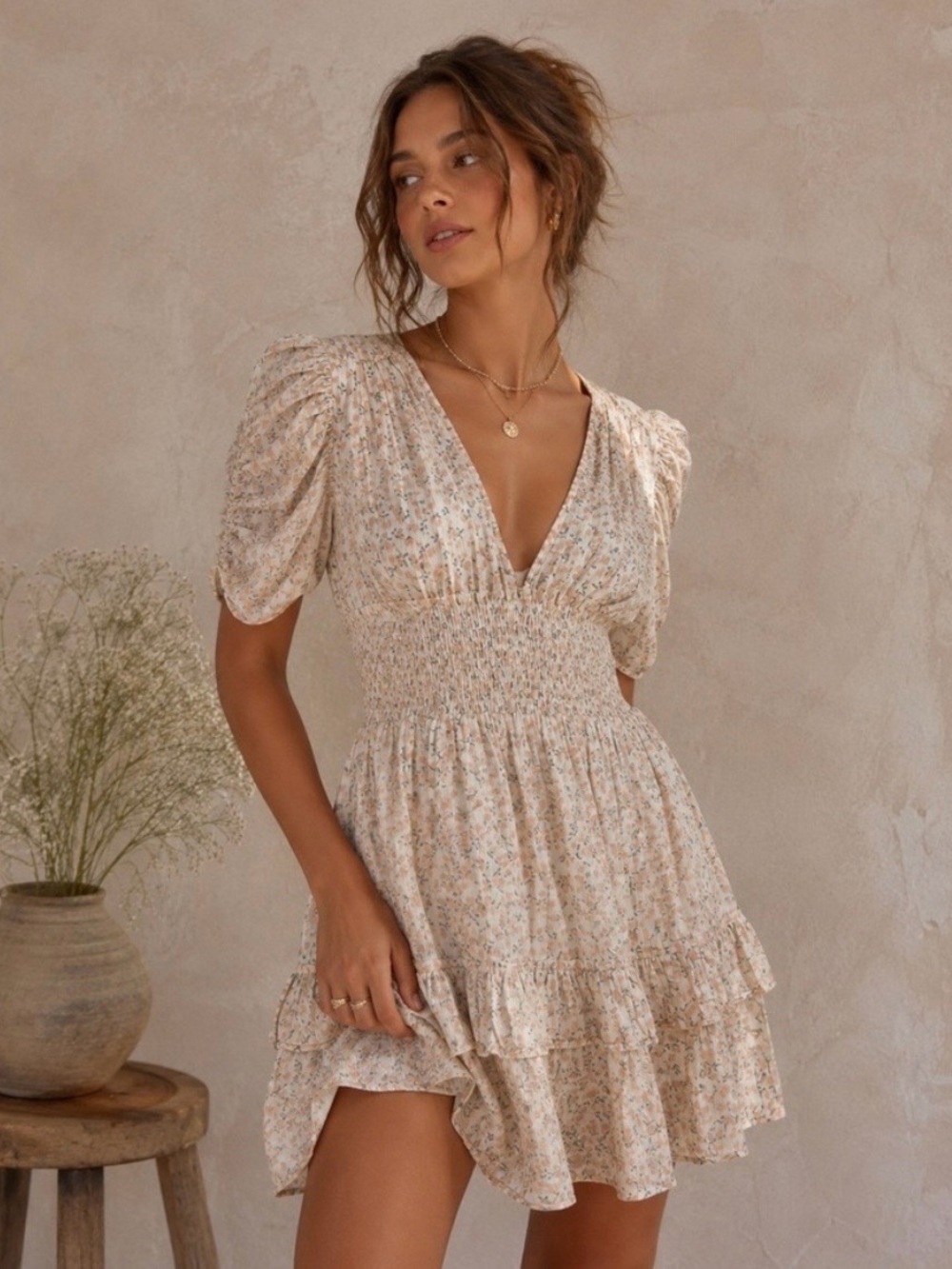 Cleobella Cream Tiered Floral Puff-Sleeve Smocked Mini Summer Vacation Dress Sm